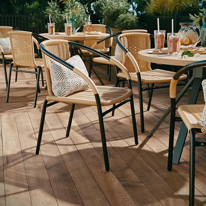 EMMA + OLIVER Set of 2 Modern Rattan Indoor/Outdoor Stack Chairs, Stacking Rattan Patio Chairs with Curved Back and Cross Bracing, Beige