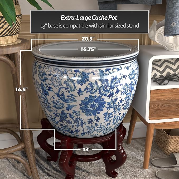 Red Lantern Large 20" Porcelain Fishbowl Blue & White Floral Planter or Cachepot for Indoor/Outdoor Use in Garden Entryway Living Room Boho Eclectic Modern Contemporary Classic Traditional Style Decor