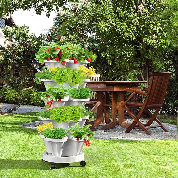 Strawberry Vertical Planters 5 Tiered, Stacking Tower Garden, Stackable Herb Vegetable Planters with Movable Casters and Bottom Saucer Indoor and Outdoor - White