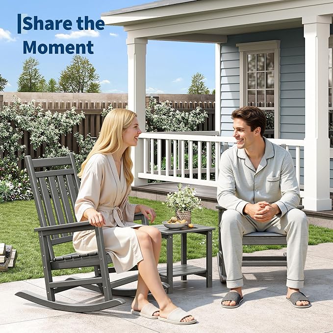 HDPE Rocking Chair Outdoor Set of 2 - Poly High Back Porch Rocker Chairs for Adults - All Weather Resistant Furniture for Patio Front Porch - Gray