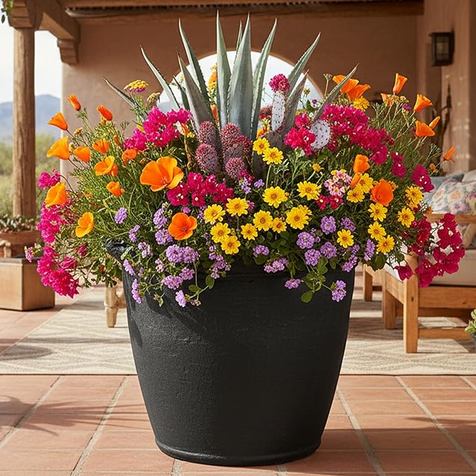 Sunnydaze 24-Inch Anjelica Large Plastic Pot for Plants - Outdoor Double-Walled Large Plastic Planter with Drillable Drainage Holes - Matte Black