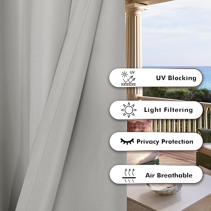 BONZER Outdoor Curtains for Patio Waterproof Thick Privacy Grommet Light Filtering Outside Curtains for Porch Pergola Gazebo Deck, 1 Panel, 84W x 95L inch, Silver