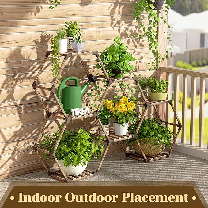 Tikea Plant Stand Indoor Outdoor Hexagonal Plant Stand for Multiple Plants Indoor Large Wooden Plant Shelf 7 Tiered Creative DIY Flowers Stand Rack for Living Room Balcony Patio Window