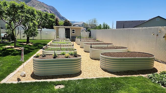 A ANLEOLIFE 8-Set 8X4X2 ft Galvanized Raised Garden Bed Kit, Oval Metal Deep Root Planters for Outdoor Plants, Antique White
