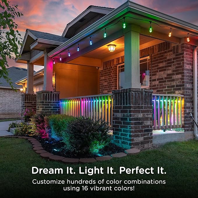 Enbrighten Vintage Outdoor String Lights, 48ft, 24 RGB Acrylic Bulbs, Weatherproof, RF Remote Control, Perfect for Holidays, Gameday, Parties, and More, 37790